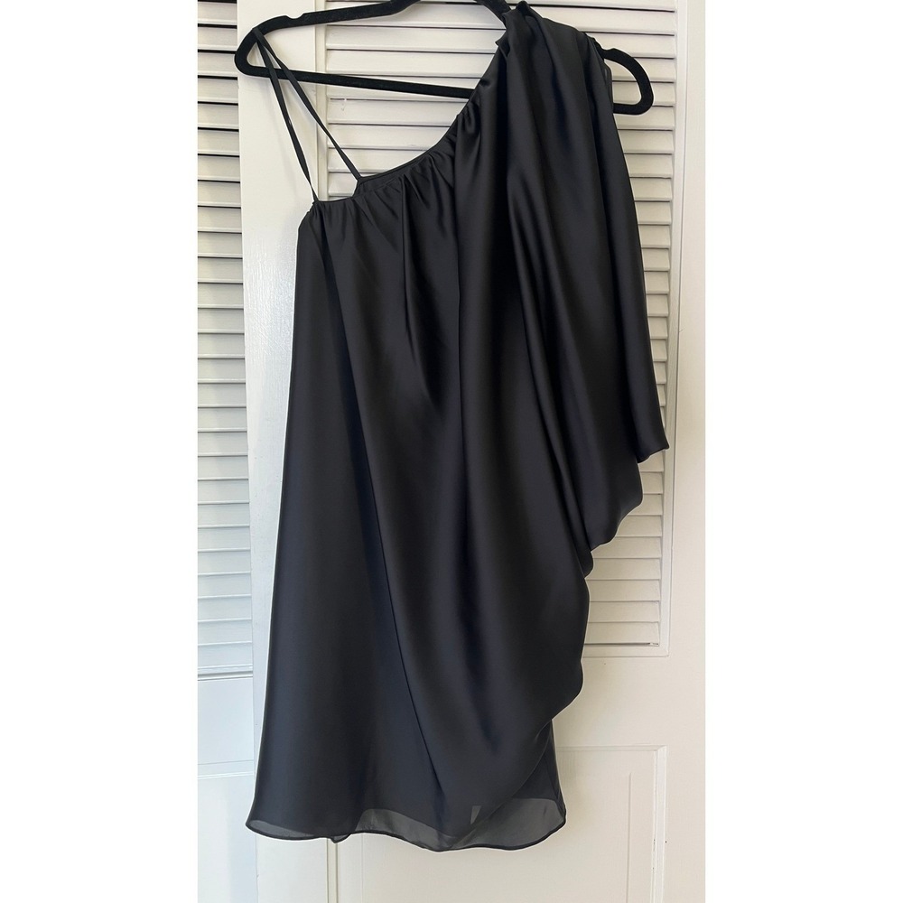 Aidan Mattox Satin One Shoulder Dress Batwing Black Women's Sz 10 EUC - Picture 3 of 9